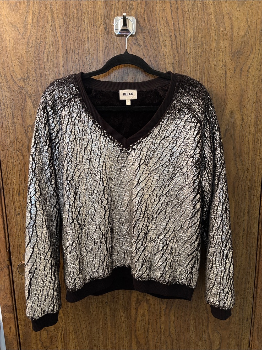 Belair Black & Silver Metallic Crackle V-Neck Sweater